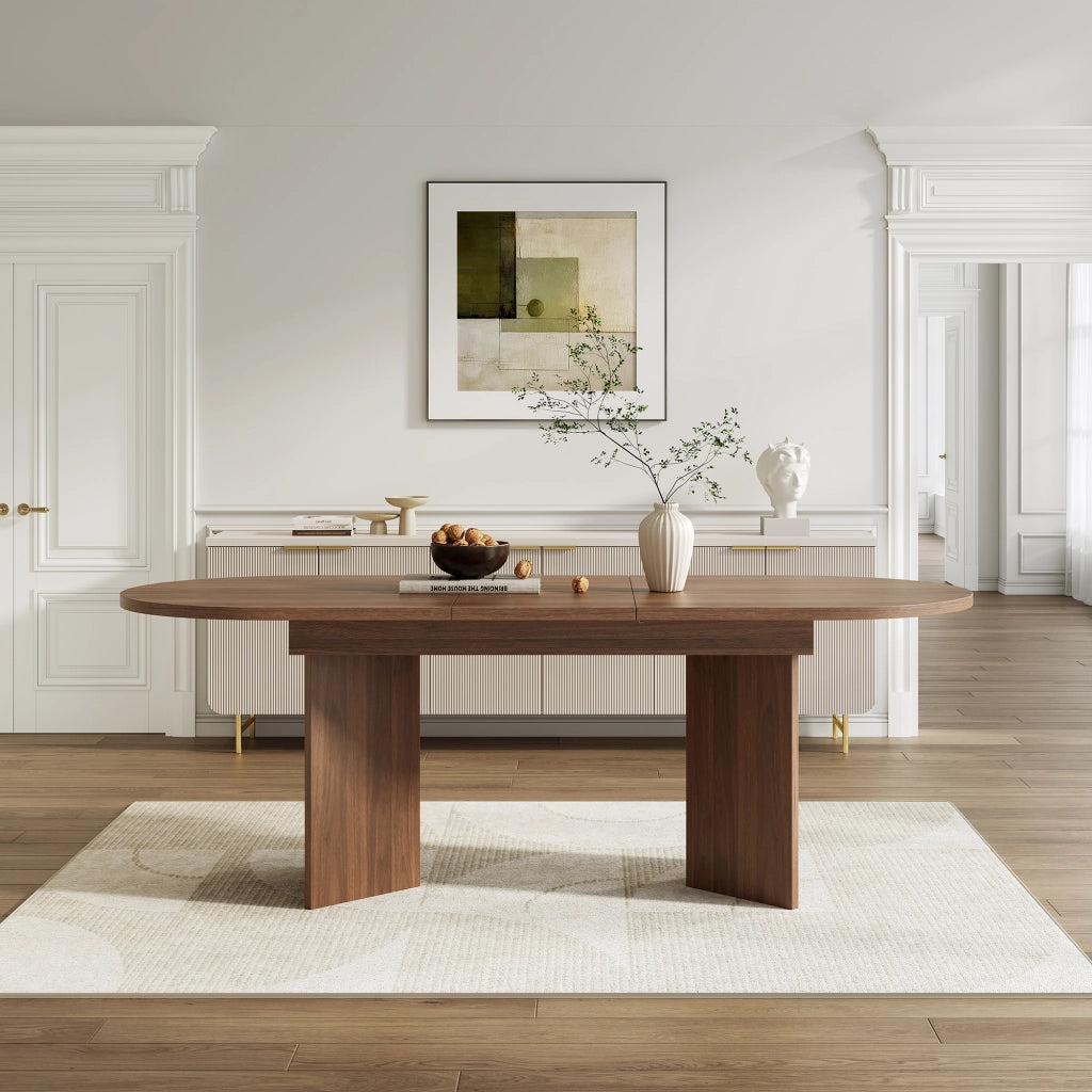 Tavolo allungabile con piano ispessito e angoli arrotondati per sala da pranzo, in MDF, noce, 140 × 90 cm