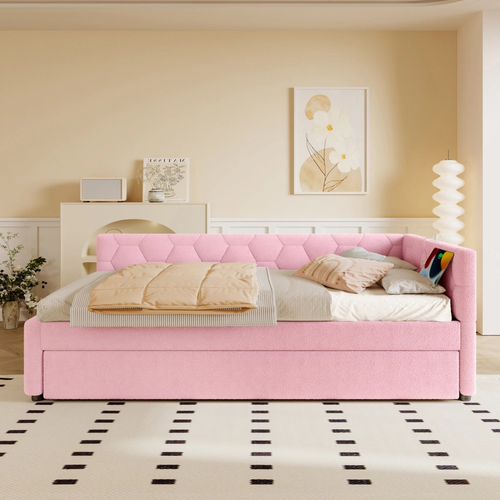 Letto divano 140x200 cm con letto estraibile; rete a doghe; porte USB e USB C; MDF e velluto sintetico bianco