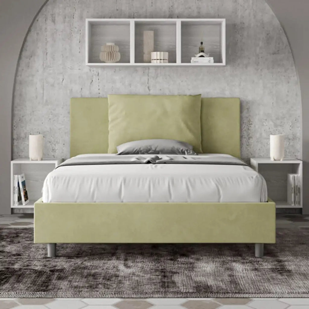 Letto matrimoniale francese senza rete imbottito 140x200 microfibra tè verde Antea