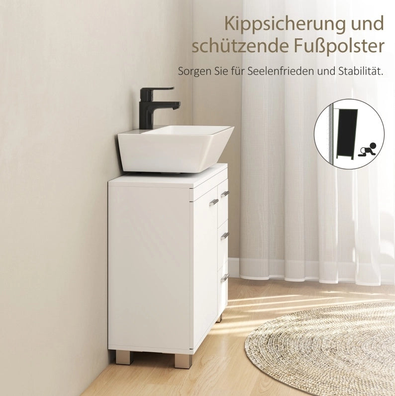 Mobile bagno bianco in MDF con ripiani, 3 cassetti e taglio a U per lavabo a colonna