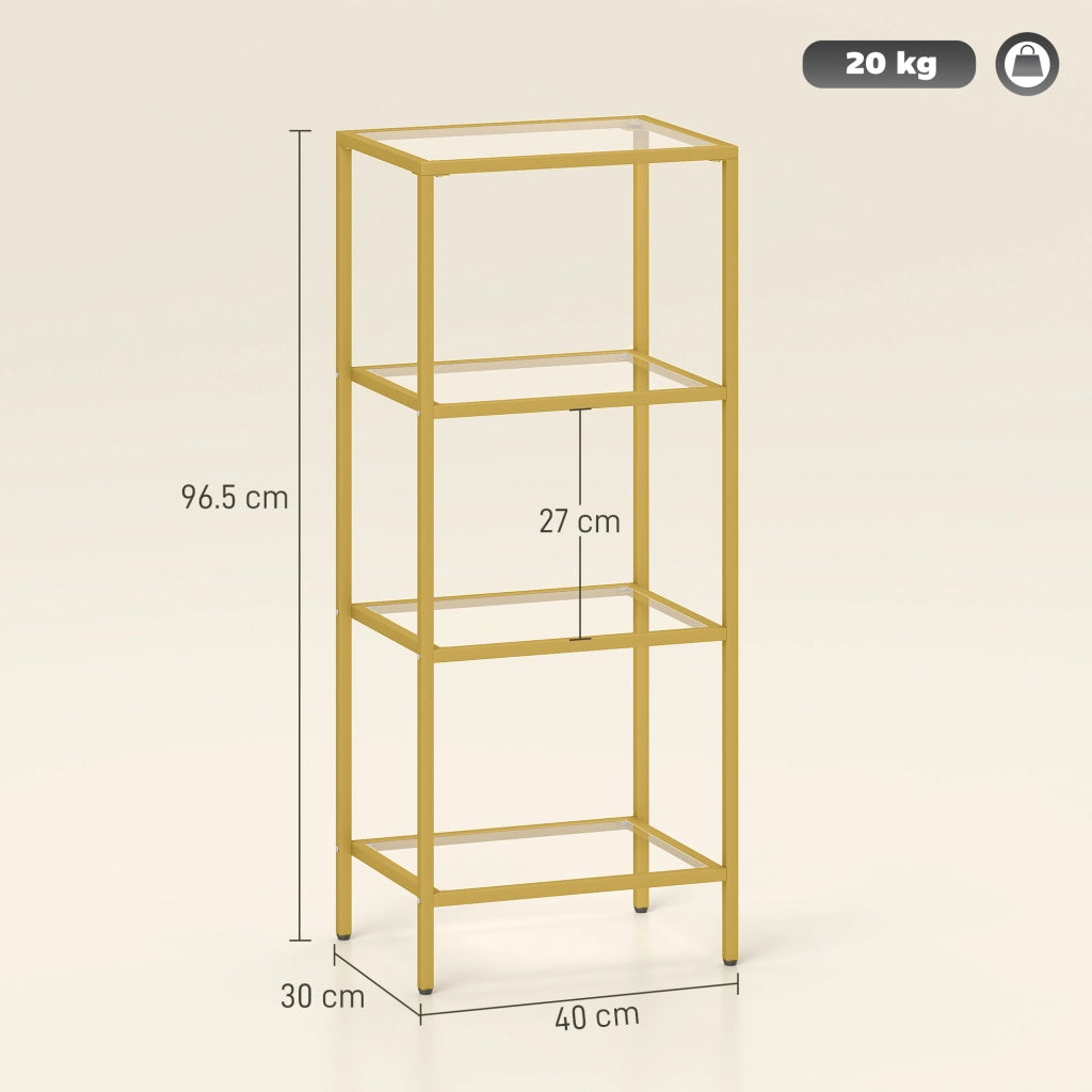 Scaffale a 4 Livelli in Metallo e Vetro Temperato, Mobiletto Salvaspazio per Casa, Design Moderno, Robusto, Color Oro, 40x30x96.5 cm