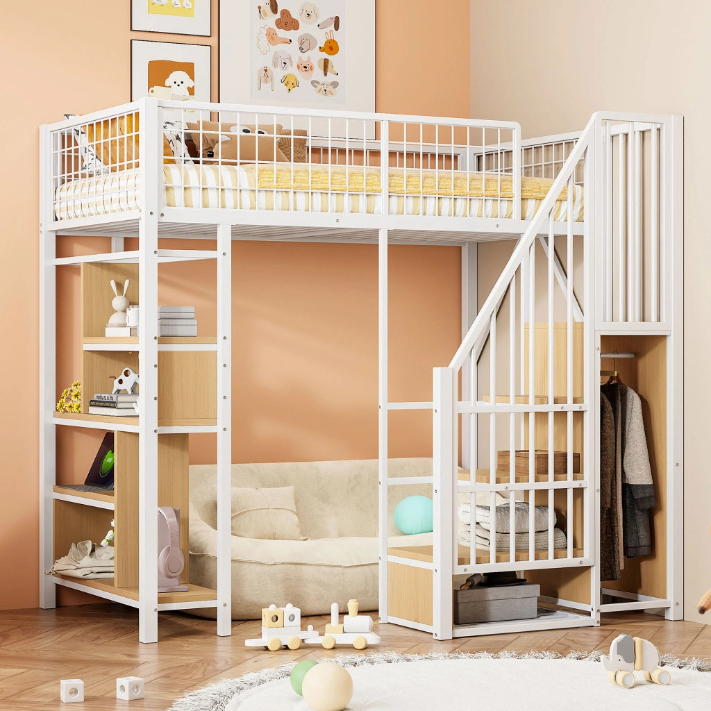 Letto a soppalco 90x200 cm in metallo e legno; bianco; con scala contenitore