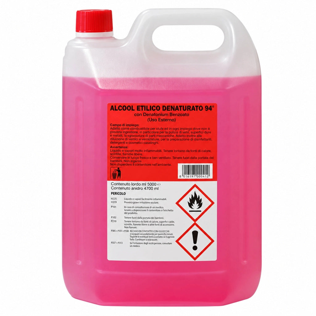 Alcool Etilico Denaturato 94° Rosso 5 Litri per Pulizia Domestica e Professionale
