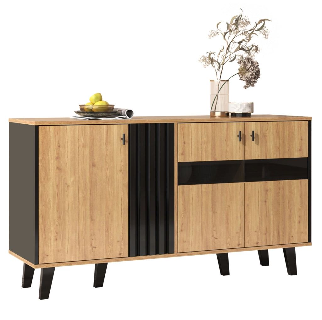 Sideboard 140x78,5x41 cm in legno e nero con LED e vetro