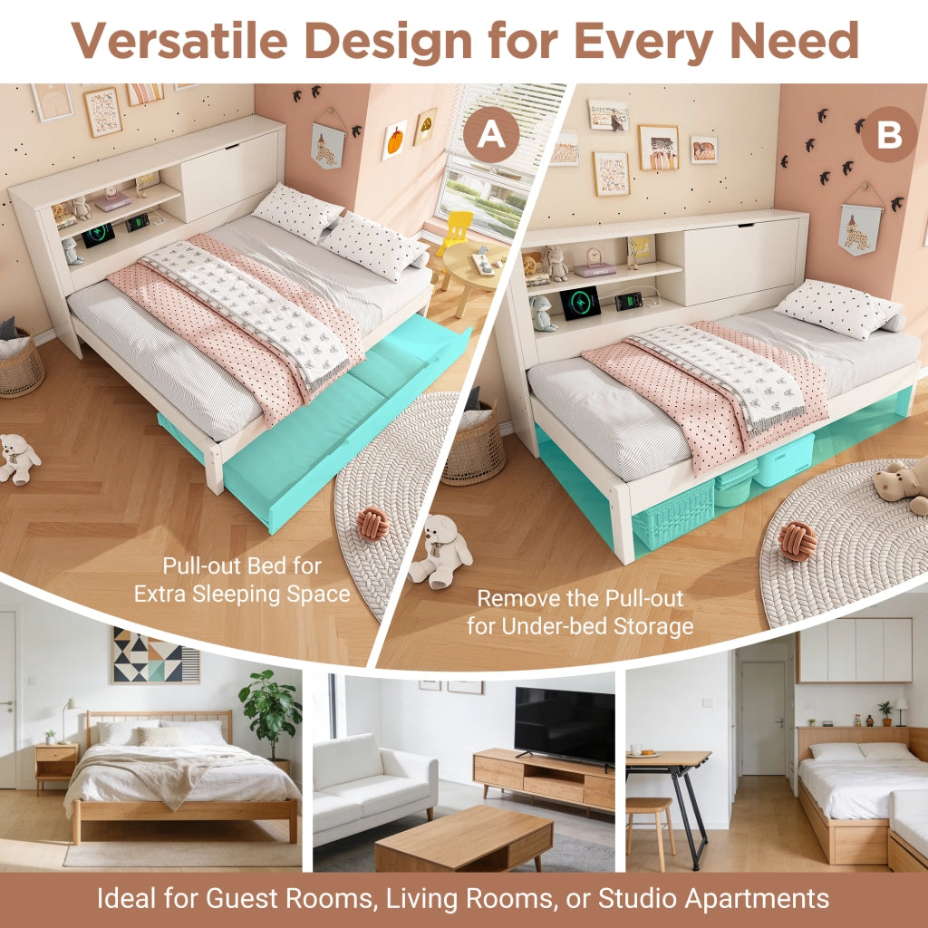 Letto divano 90×200 cm con letto estraibile 90×190 cm; vani; USB e USB-C; 2 posti; senza materasso; bianco