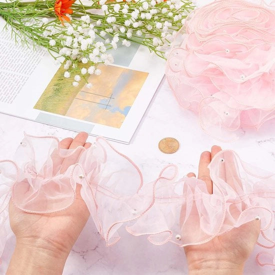 Organza Lint Geplooid in Rosso - 5 Metri - Adatto per DIY - Bordatura con Fili d'Oro - Ideale per Abiti da Sposa e Cucito