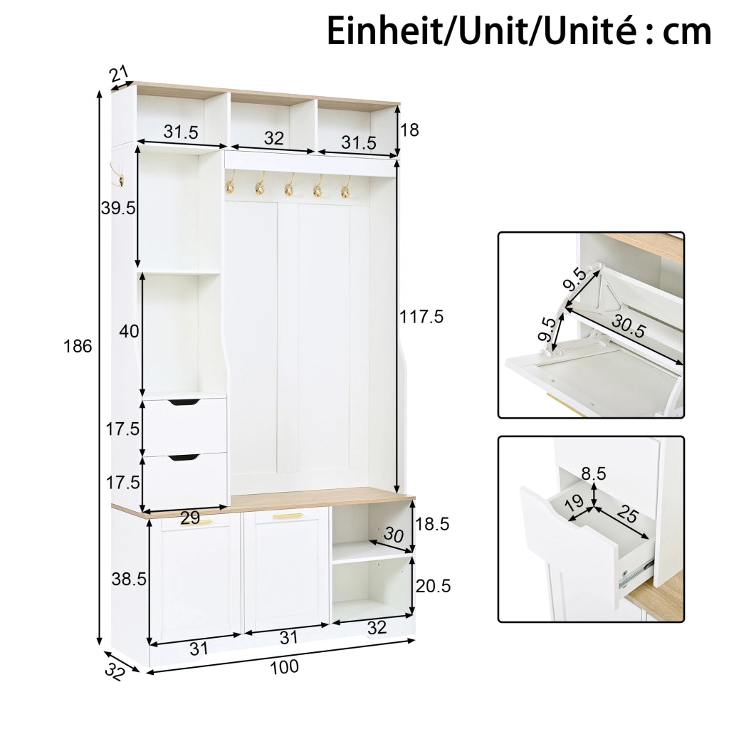 Mobile da ingresso guardaroba con 2 cassetti, 2 scarpiere a ribalta, panca e LED per corridoio, 100 × 32 × 186 cm