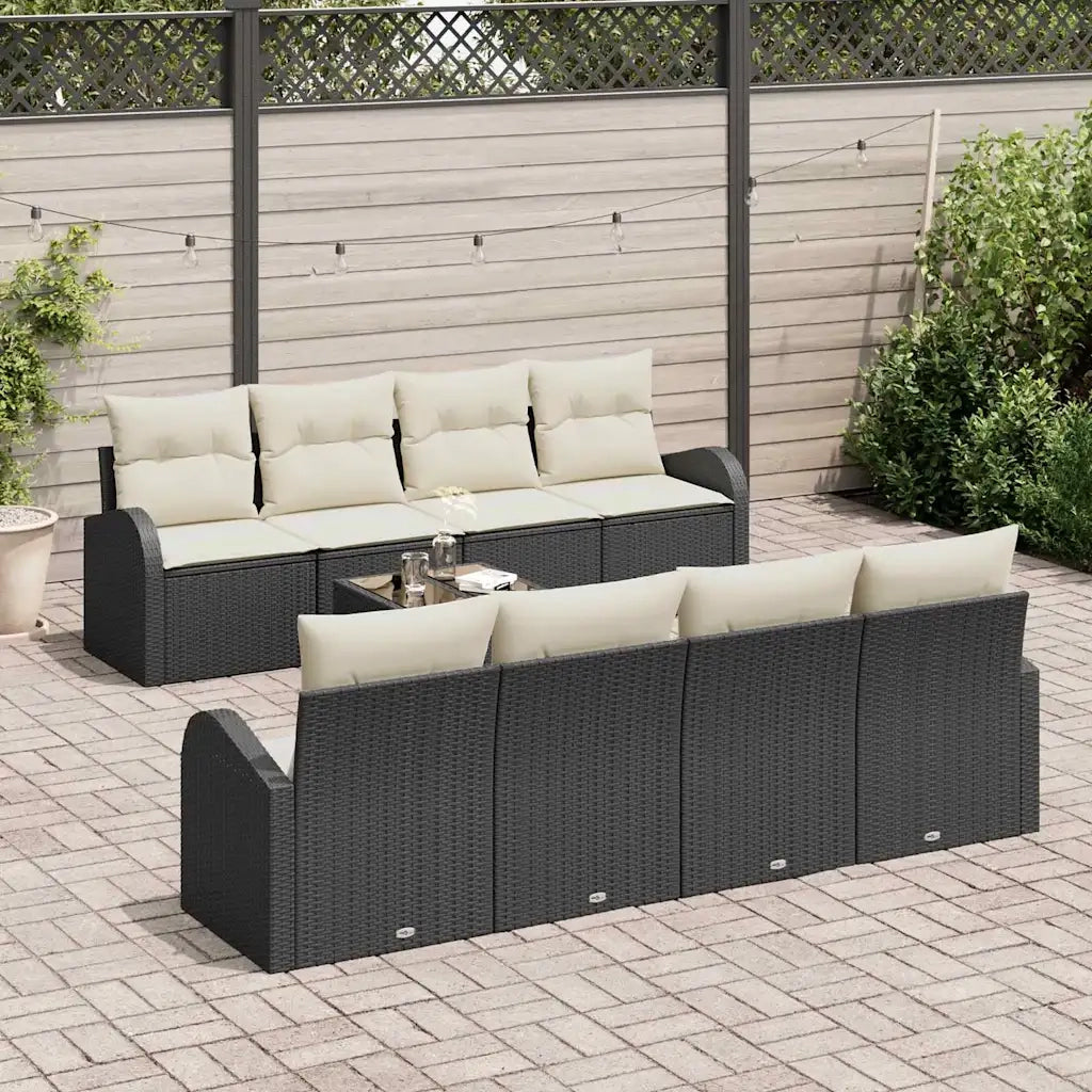 Set Divano da Giardino 9 pcs Nero e Crema polyrattan