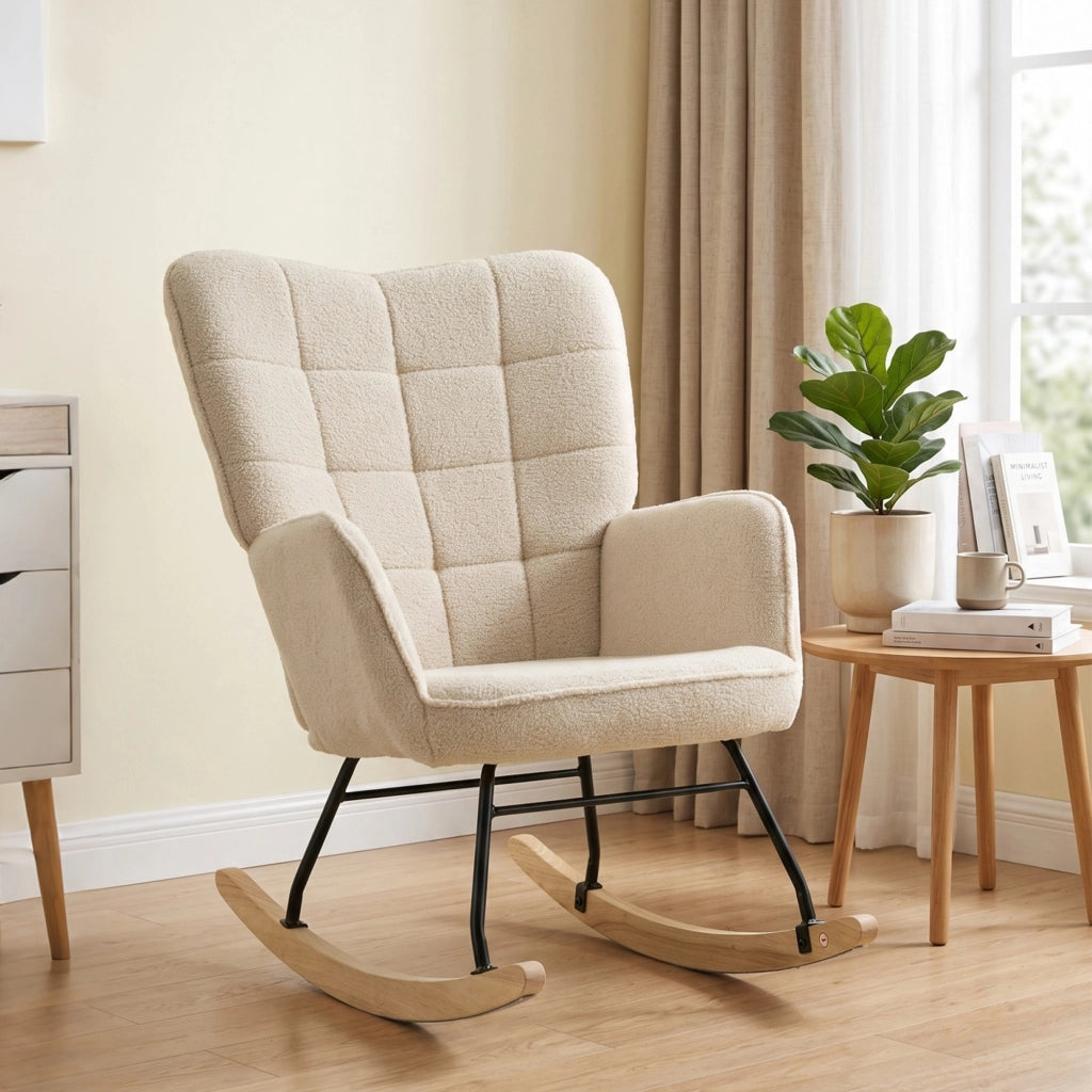 Poltrona a dondolo imbottita in legno e acciaio beige per soggiorno e camera da letto, design moderno ed ergonomico, 71x98x101 cm