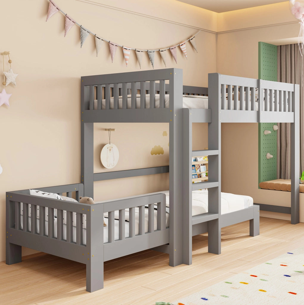 Letto a castello modulare in legno massiccio per bambini 90x200 cm, set con letto singolo, varie configurazioni, protezione anticaduta, spigoli arrotondati, colore grigio