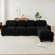 Divano modulare ad angolo in velluto a coste nero con pouf; 336 × 161 × 94 cm