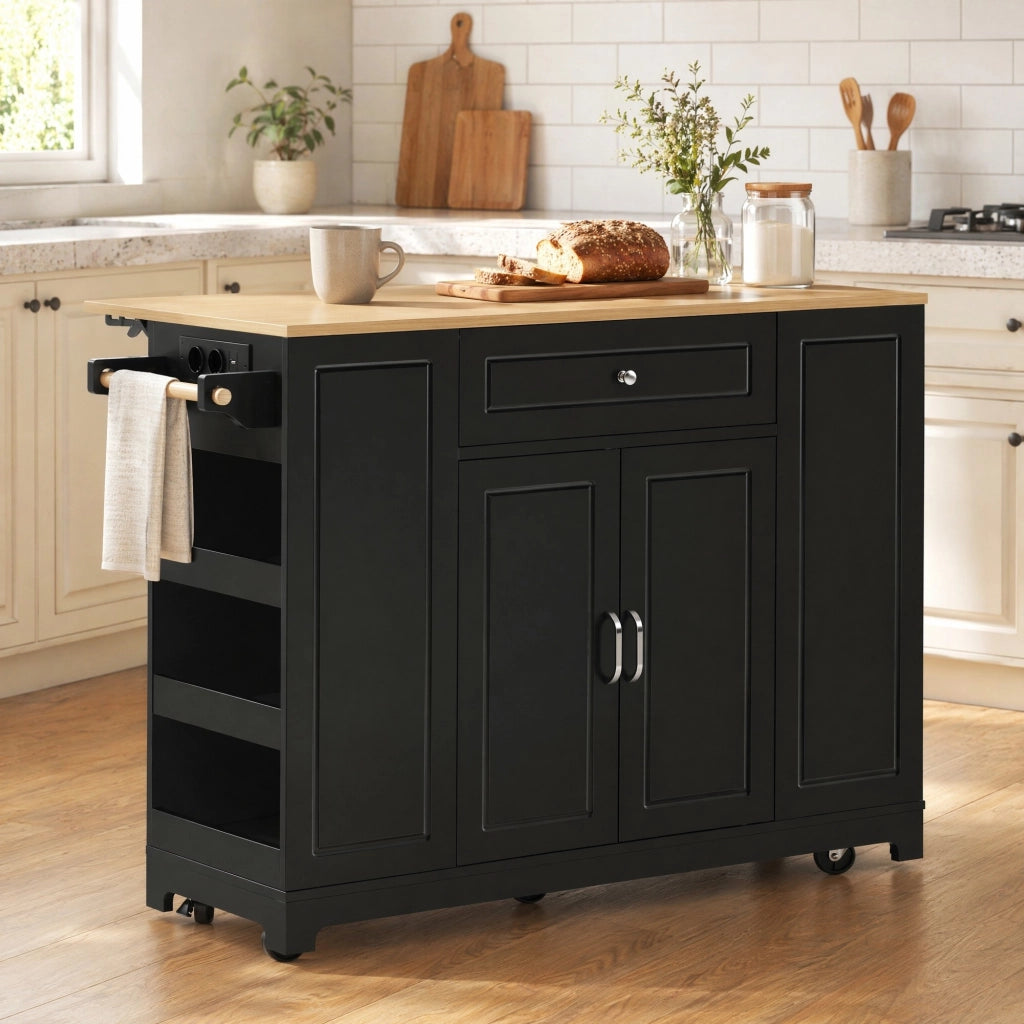 Isola da cucina mobile con piano ribaltabile prese elettriche vano rifiuti MDF nero naturale 131.8 × 40-70 × 93.3 cm