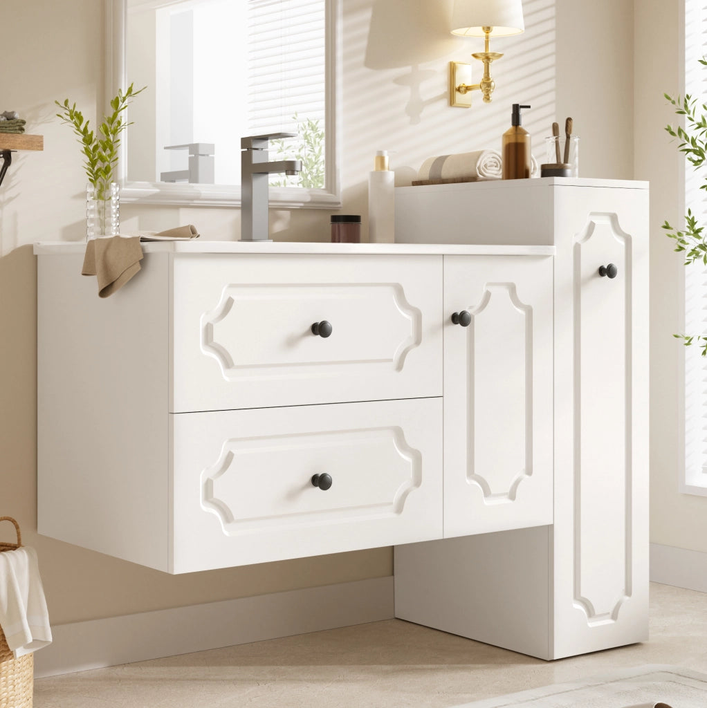 Set mobili bagno moderno 107 cm con lavabo in ceramica, 2 cassetti, mobile sottolavabo e colonna integrata bianco