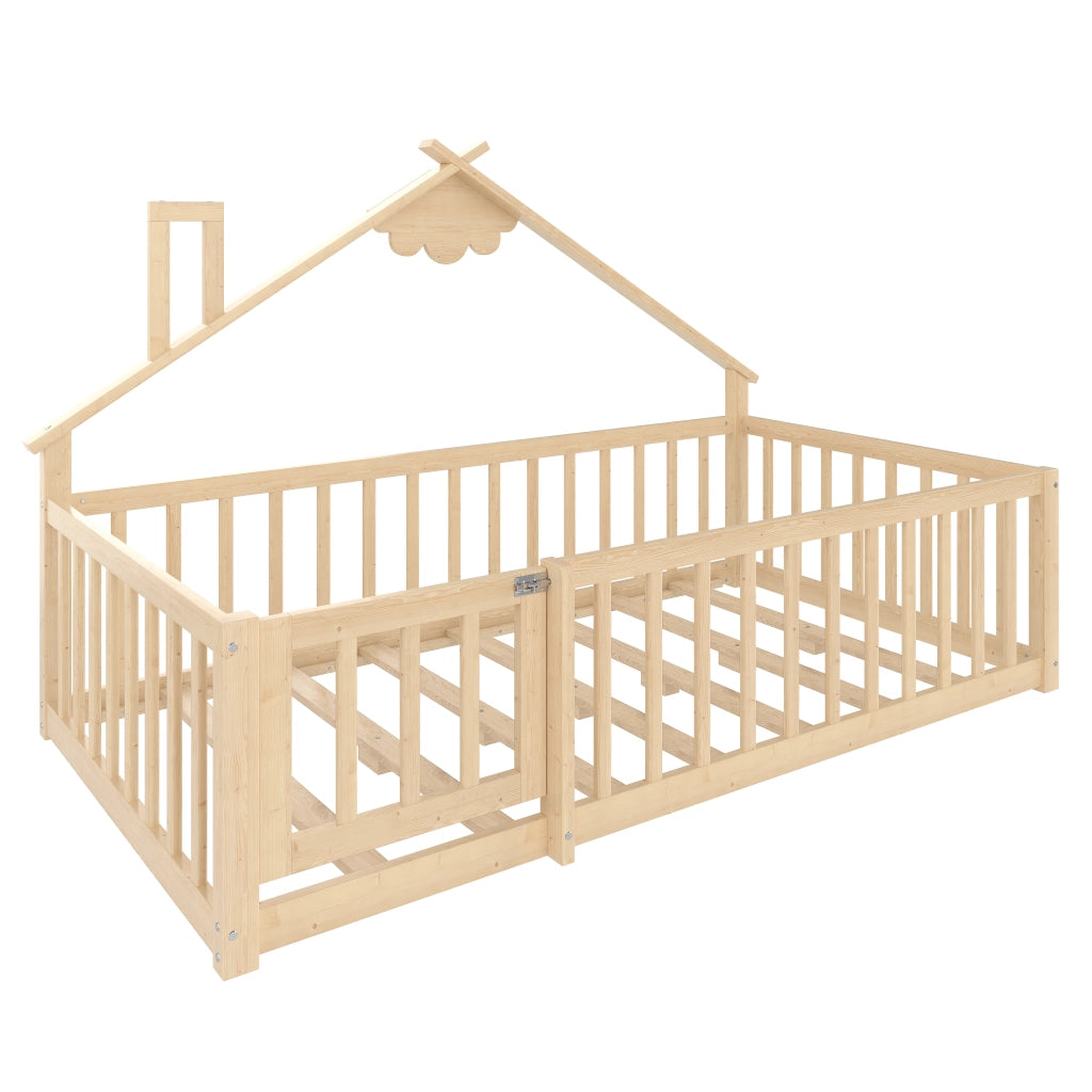 Letto Casetta 90x190 cm; Letto Singolo con Sponda e Serratura in Legno Naturale