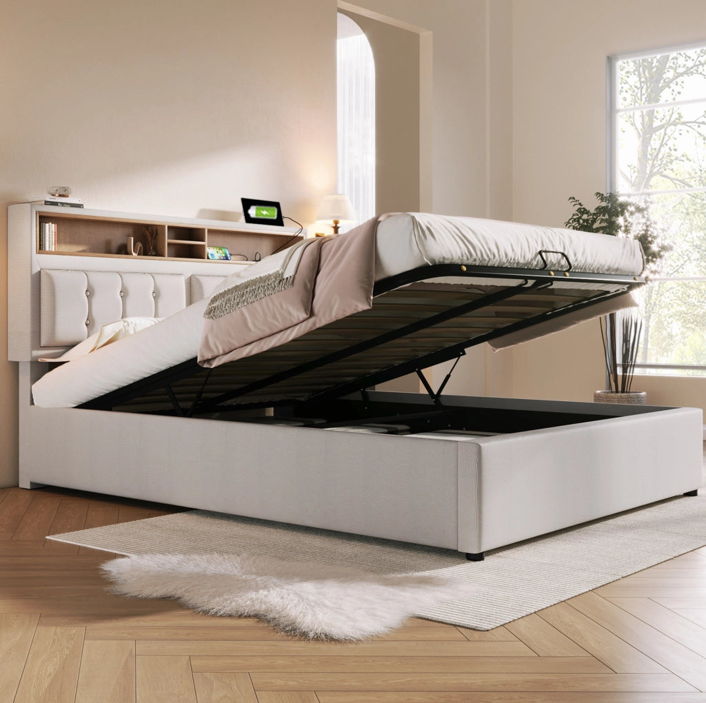 Letto imbottito 140x200 beige con contenitore, prese e materasso