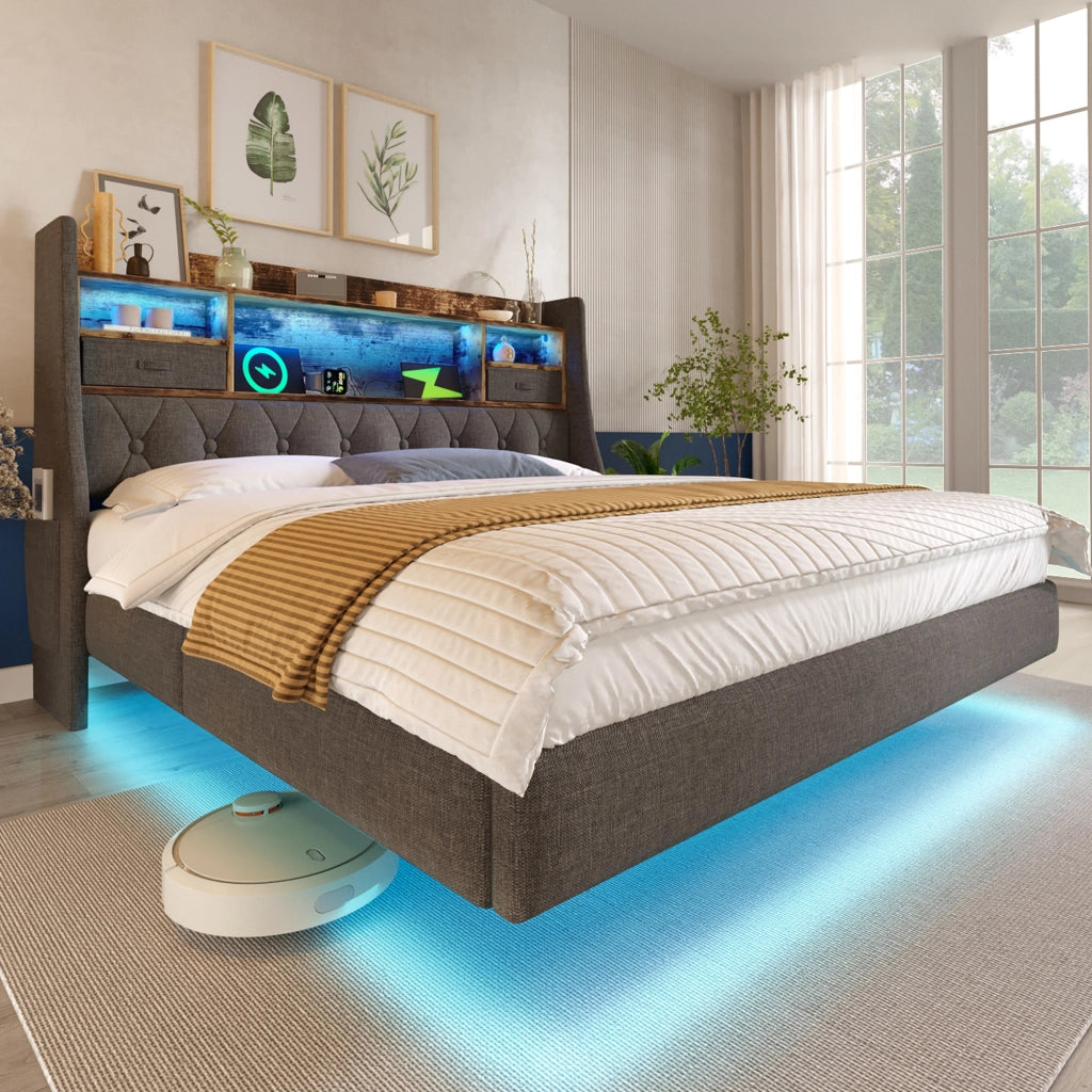 Letto matrimoniale sospeso imbottito 140x200 cm con testiera contenitore; LED; 1 USB-C; 3 USB; rete a doghe; lino grigio