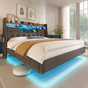 Letto matrimoniale sospeso imbottito 140x200 cm con testiera contenitore; LED; 1 USB-C; 3 USB; rete a doghe; lino grigio