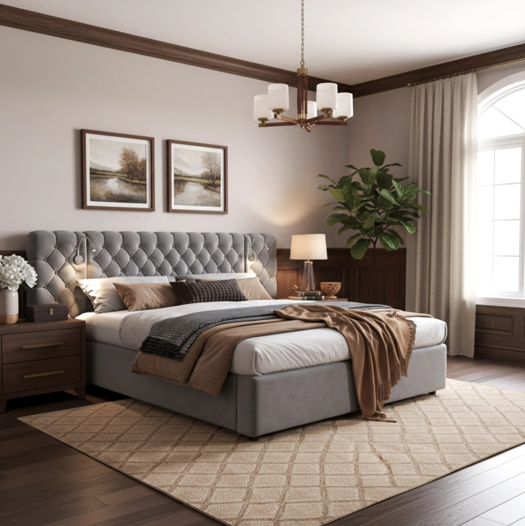 Letto 180x200 cm con contenitore idraulico, LED e rivestimento in velluto grigio
