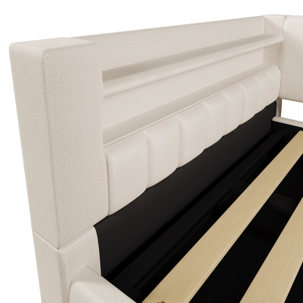 Letto divano contenitore 140x200 cm in lino beige con apertura idraulica; LED; USB e USB-C
