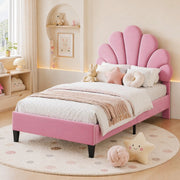 Letto imbottito rosa 90 x 200 cm con testiera a fiore e rete a doghe