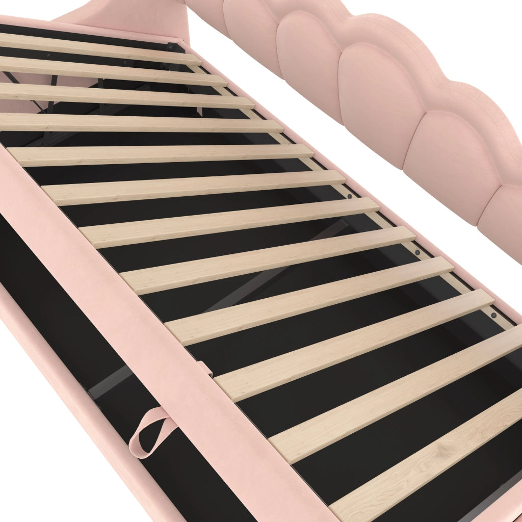 Letto singolo 90x200 cm con contenitore idraulico e LED in velluto rosa