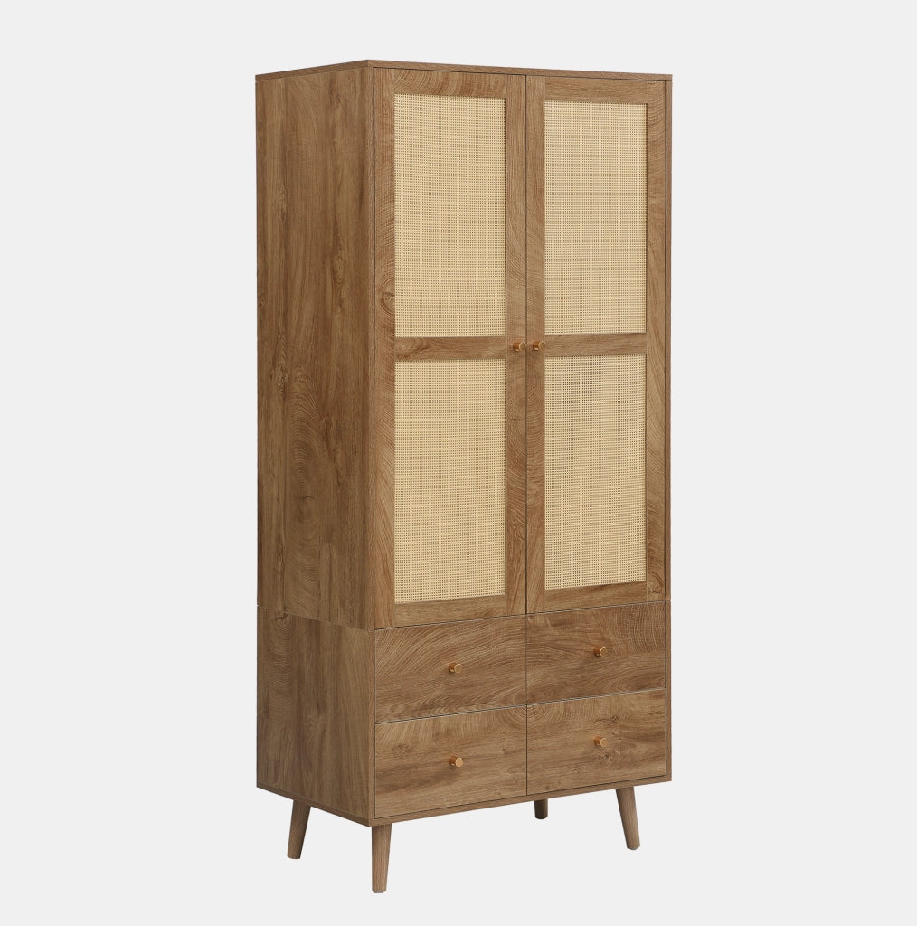 Armadio guardaroba in MDF con effetto legno scuro e ante in rattan, 80x50x180 cm, con appendiabiti, ripiani e 2 cassetti