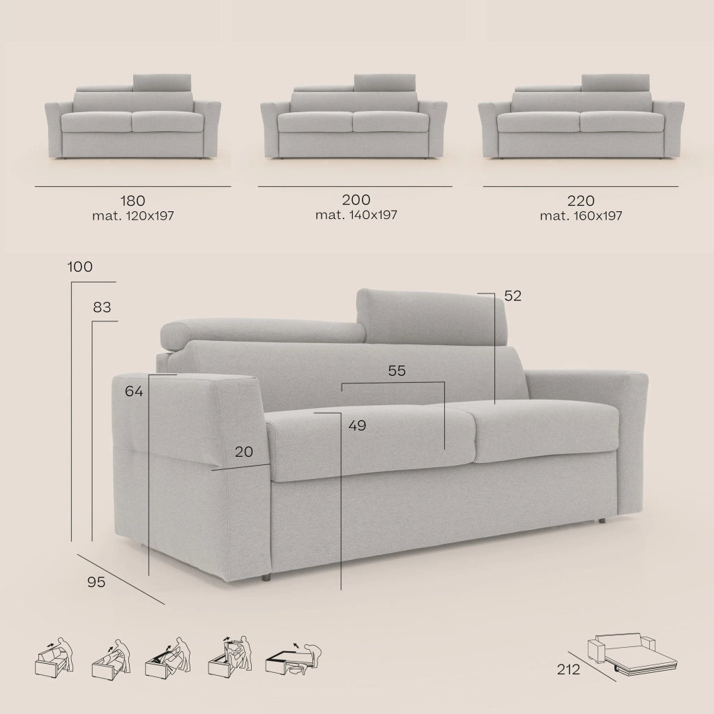Avalon Divano letto con materasso H18 220 cm (mat. 160x197 cm) antracite