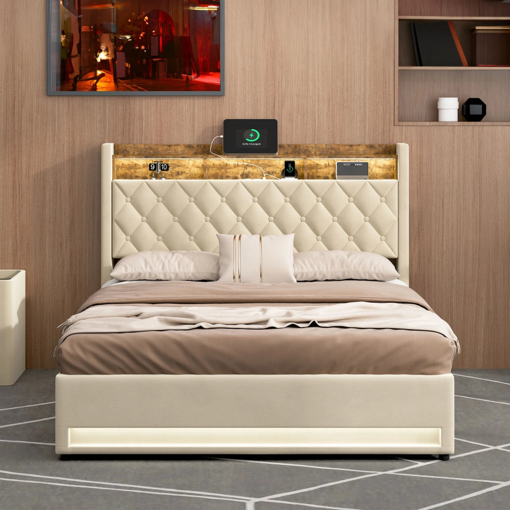 Letto contenitore 160x200 cm con LED; porte USB e prese; testiera con mensola; rete a doghe; velluto beige