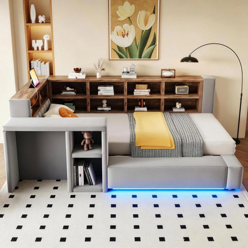 Letto imbottito 90 x 200 cm grigio scuro con LED, prese, vani e tavolino