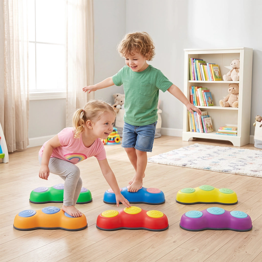Set di 6 pietre equilibrio per bambini a forma dei piselli con tappetino antiscivolo in TPE, Pietre da gioco impilabili per interno ed esterno