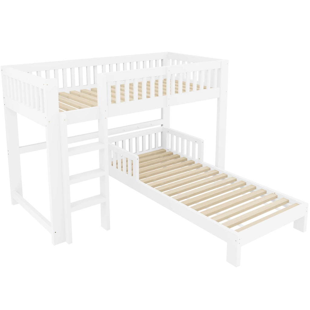 Letto modulare per bambini in legno massiccio 90x200 cm, combinazione di letto a castello e letto singolo, bianco