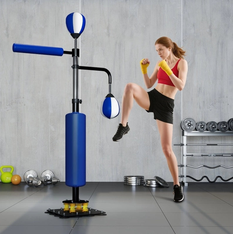 Supporto da palestra con due speedball, asta rotante e imbottitura kick, regolabile in altezza 140-205 cm, acciaio blu