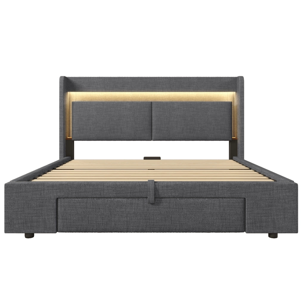 Letto imbottito 160x200 cm con contenitore idraulico, LED e porte USB, in lino grigio