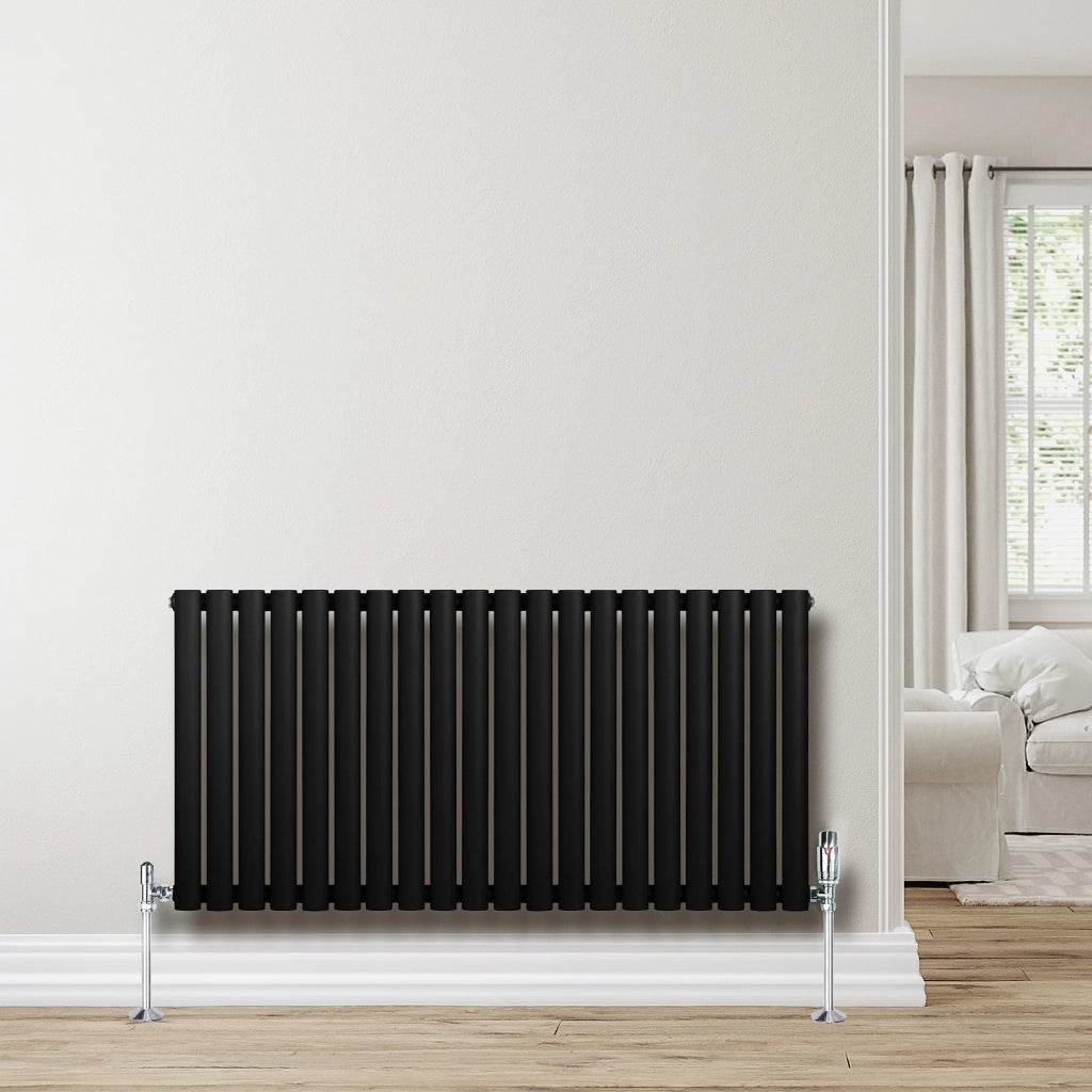 Radiatore Orizzontale Ovale 600x1200mm Nero con Valvole TRV