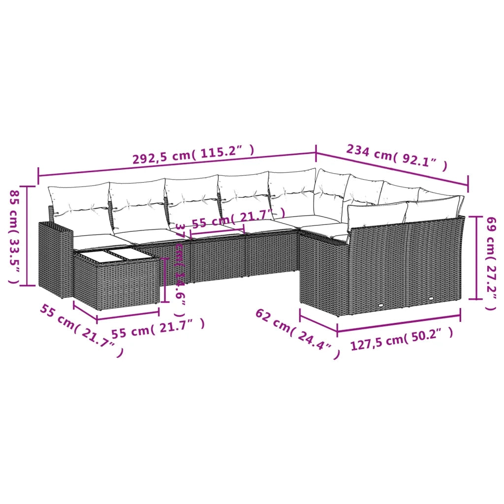 Set Divano da Giardino 10 pz con Cuscini Grigio in Polyrattan