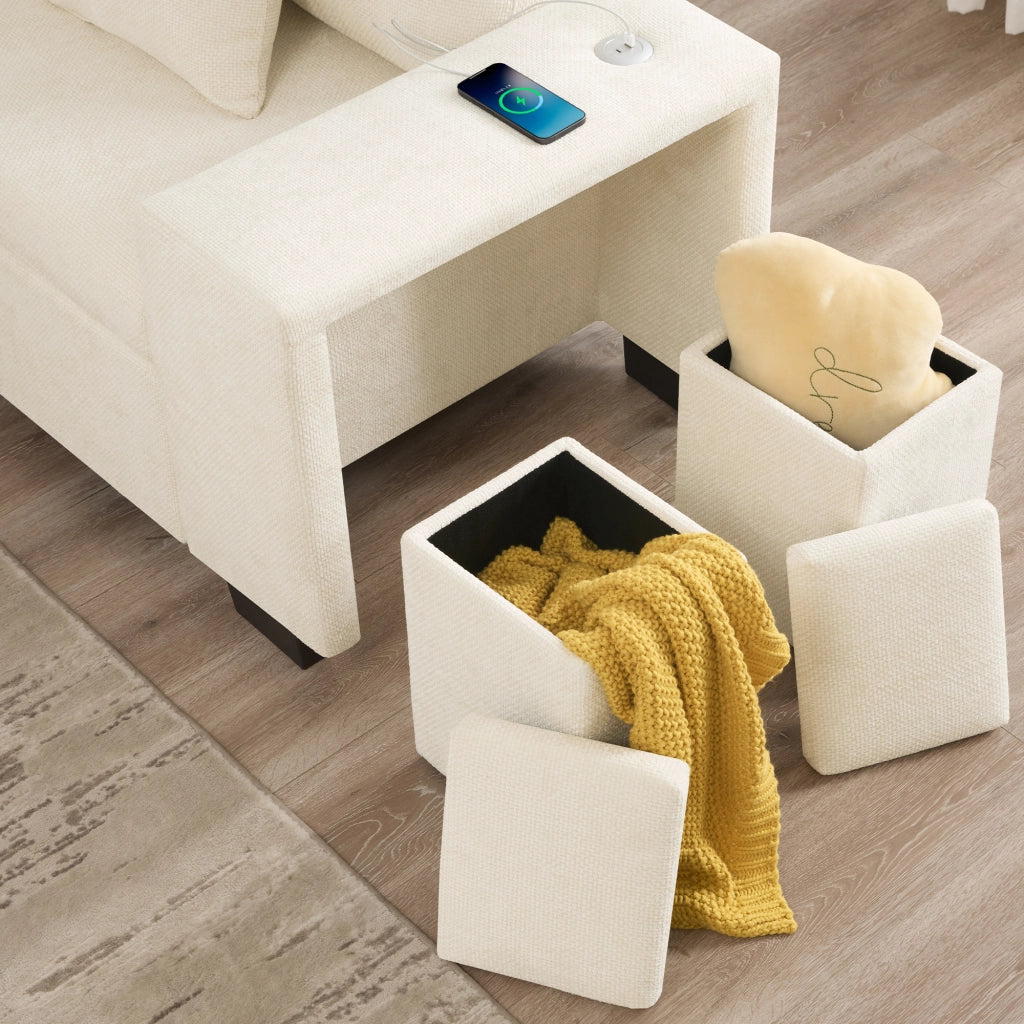 Divano letto angolare modulare a 5 posti in ciniglia beige con chaise longue reversibile vano contenitore e porte USB