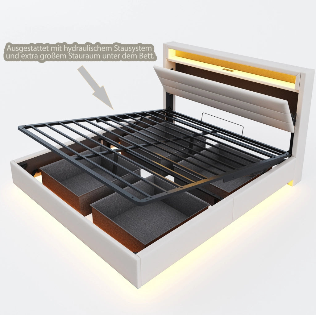 Letto matrimoniale imbottito 160x200 cm con LED e USB