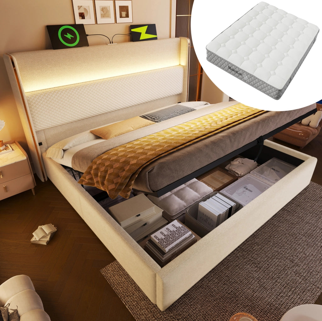 Letto contenitore idraulico 180x200 cm con testiera alta; LED; USB/Type-C; materasso; beige