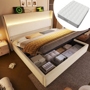 Letto contenitore idraulico 180x200 cm con testiera alta; LED; USB/Type-C; materasso; beige