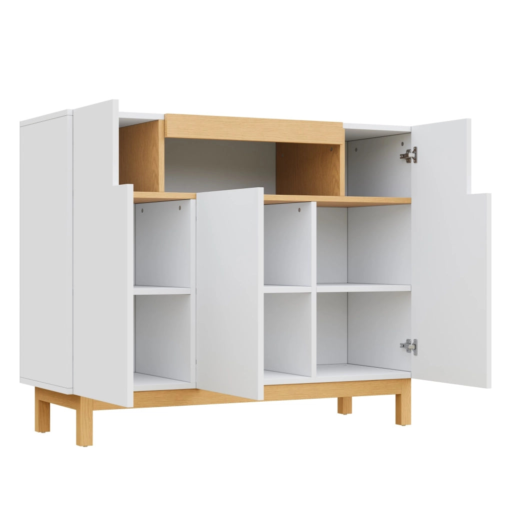 Sideboard bianco con tre porte e ripiano aperto, 120,5x42x96 cm, design moderno per soggiorno e sala da pranzo