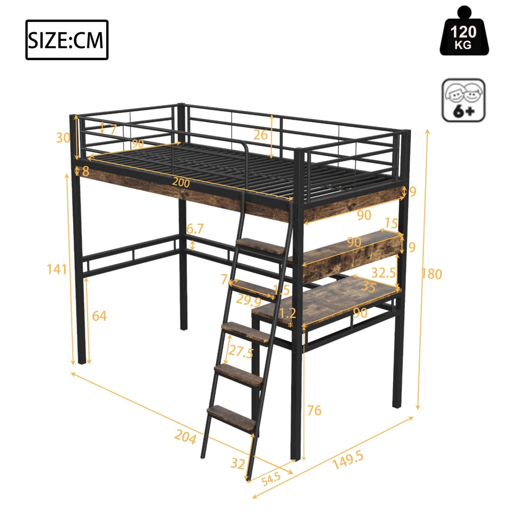 Letto a soppalco 90x200 cm con scrivania e ripiani in metallo e MDF; nero
