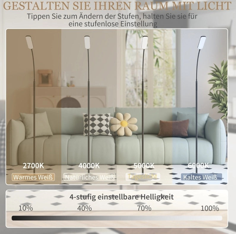 Lampada da Terra LED Dimmerabile con Telecomando e Controllo Touch, Collo d'Oca Regolabile 360°, Timer 1 Ora, Nero