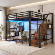 Letto a soppalco 140x200 cm con LED; scala con contenitore e ripiani in metallo e MDF; nero
