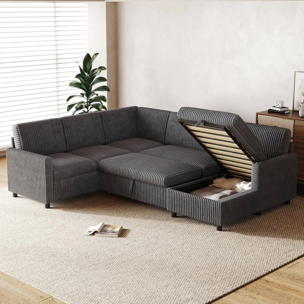 Divano angolare a U con funzione letto; contenitore; corduroy grigio 274x220x85 cm