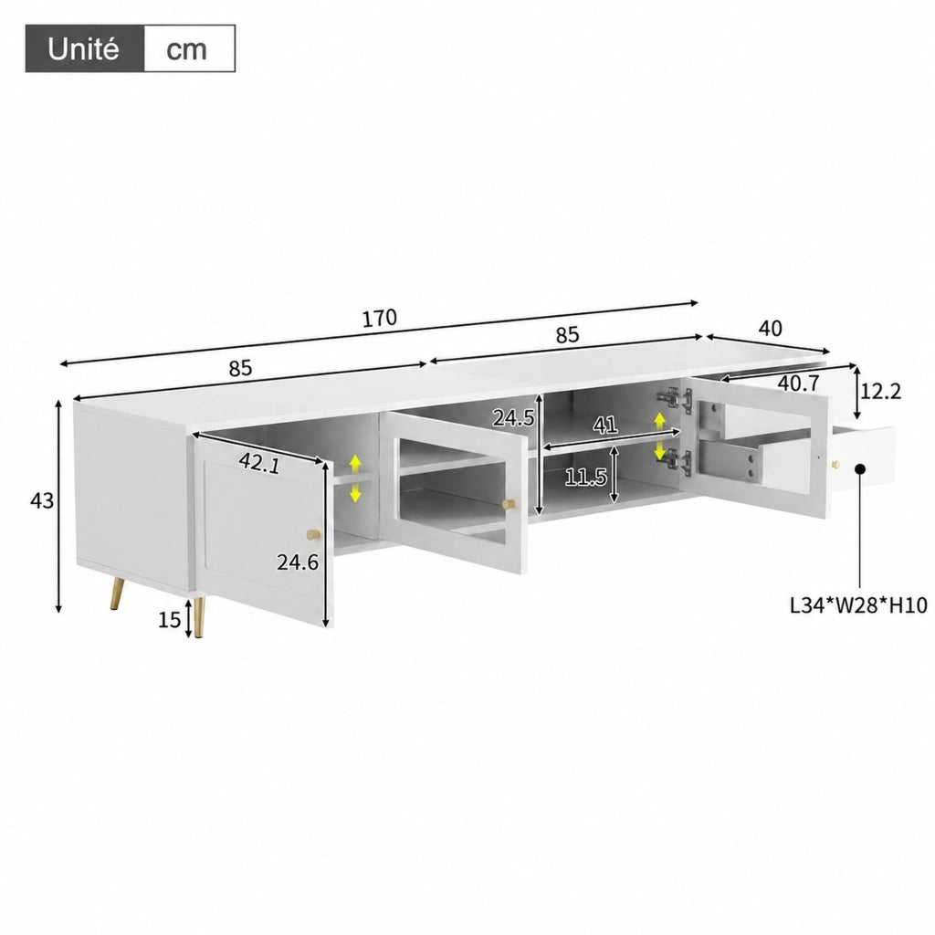 Mobile TV 170x40x43 cm bianco con 2 cassetti; 2 ante in vetro e anta HOMVRA