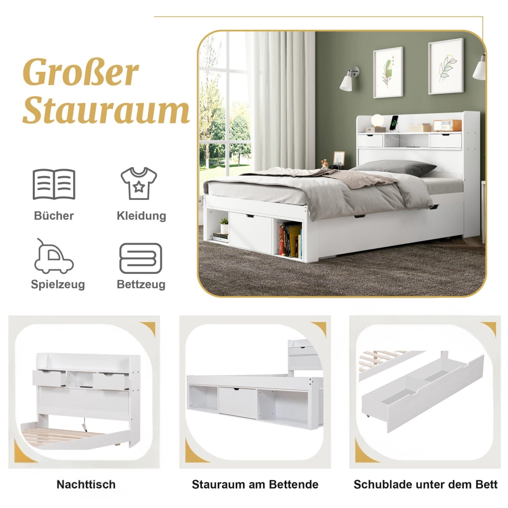 Letto singolo 90×200 cm con cassetti; armadio; USB e Type-C; rete inclusa; senza materasso; legno; bianco