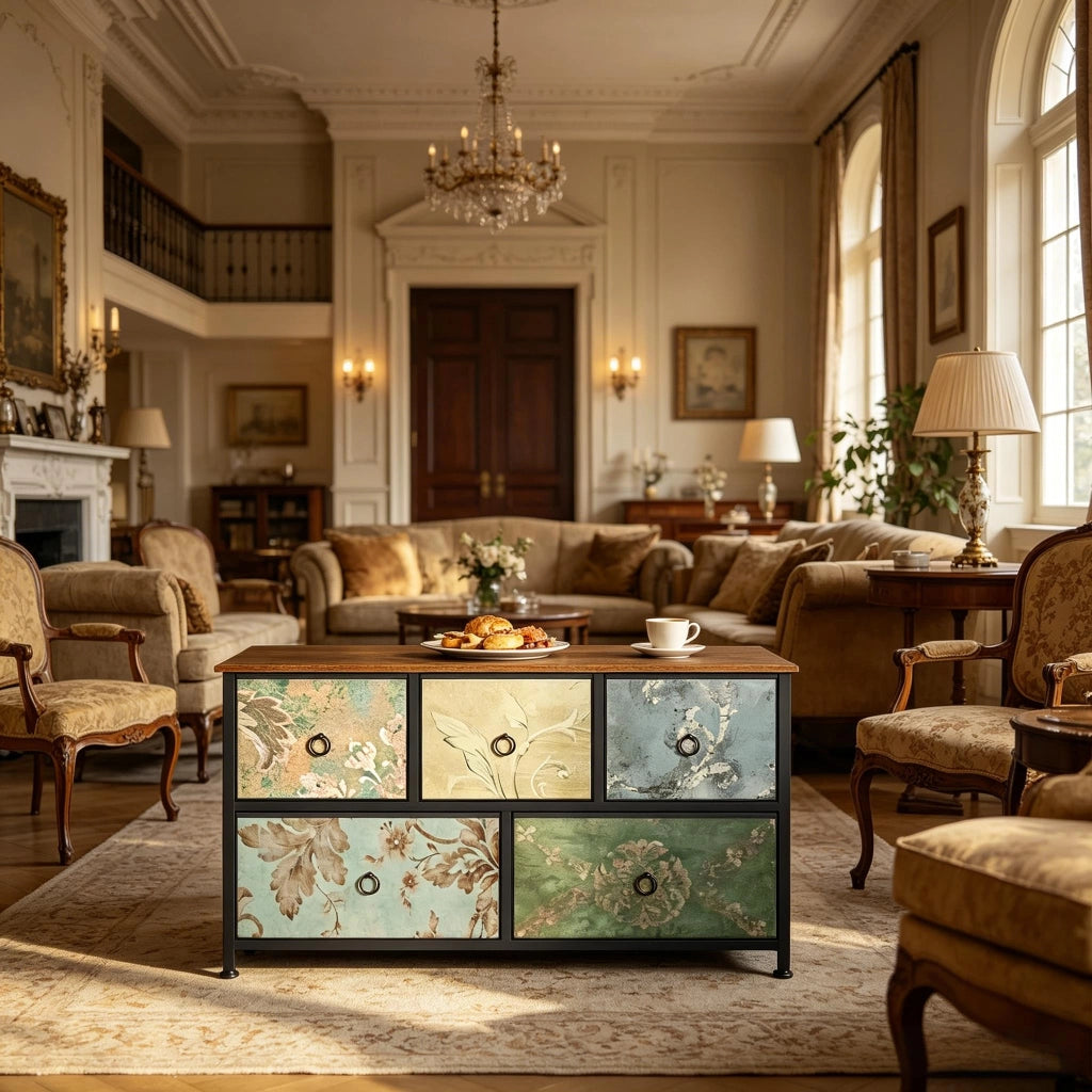 Mobile da ingresso con 5 cassetti in tessuto, stile industriale, MDF e metallo, multicolore, 100 × 30 × 54 cm