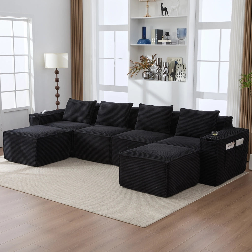 Divano modulare 4 posti con 2 pouf; portabevande e tasche in velluto a coste nero