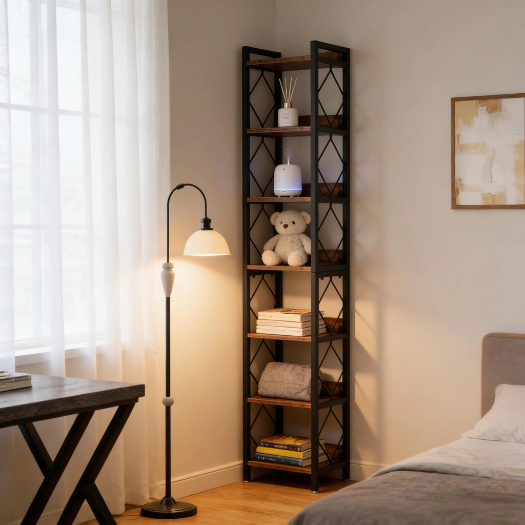 Libreria a 7 ripiani aperti in metallo e legno marrone rustico e nero 34 × 34 × 200 cm