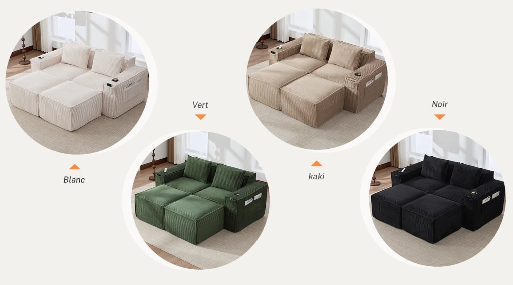 Divano modulare in velluto a coste beige con portabevande e tasche